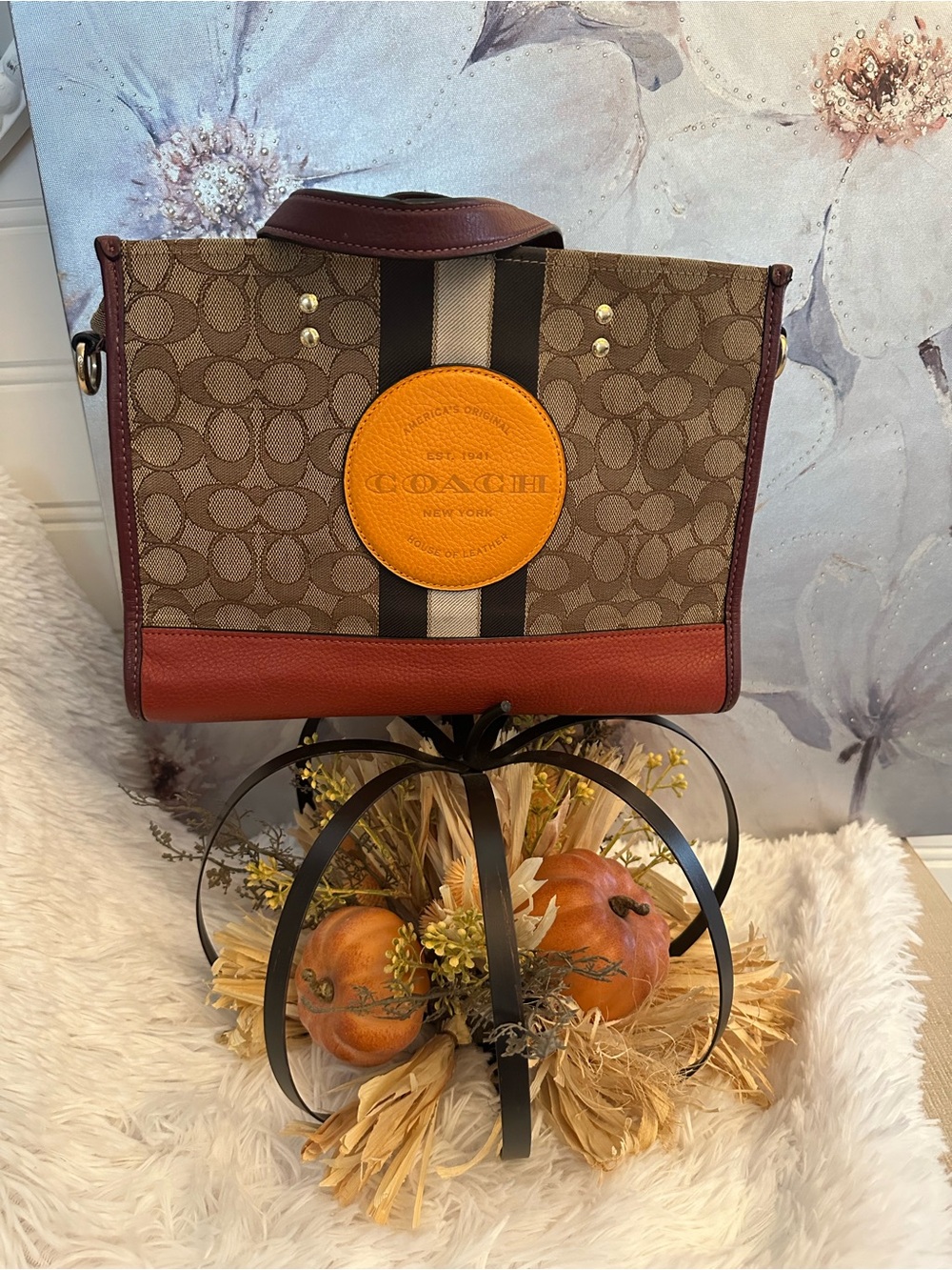 Coach Monogram Shoulder Bag with Red Trim and Yellow Logo Patch